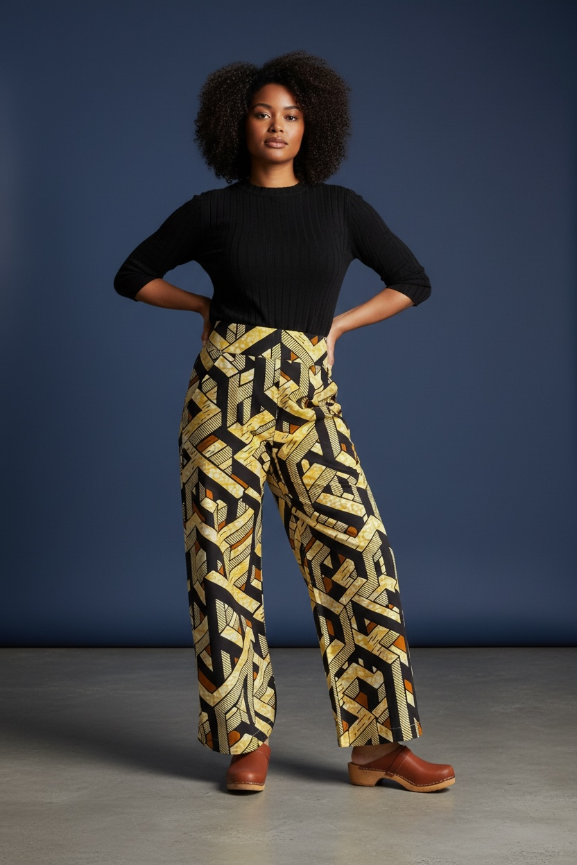 Golden Maze High-Waisted Dutch Batik Wide-Leg Pants