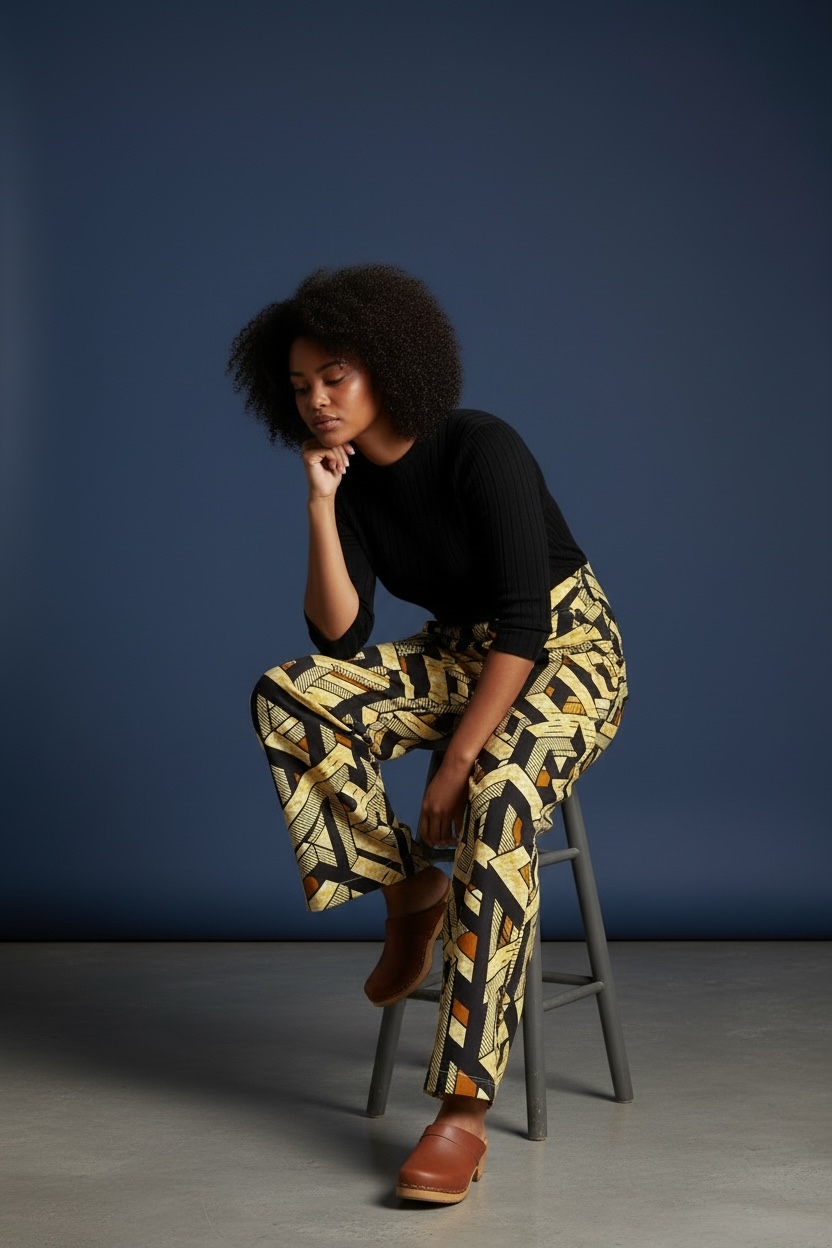 Golden Maze High-Waisted Dutch Batik Wide-Leg Pants