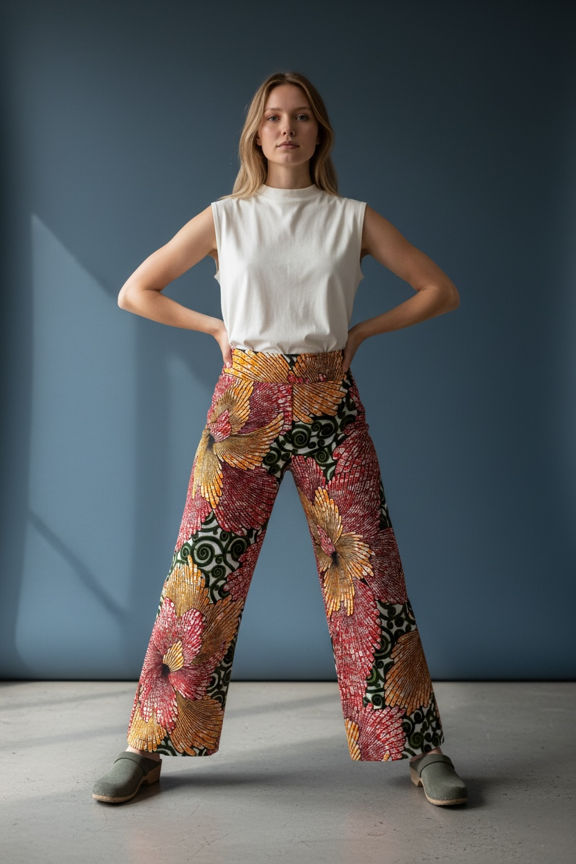 Sunburst Bloom High-Waisted Batik Wide-Leg Pants