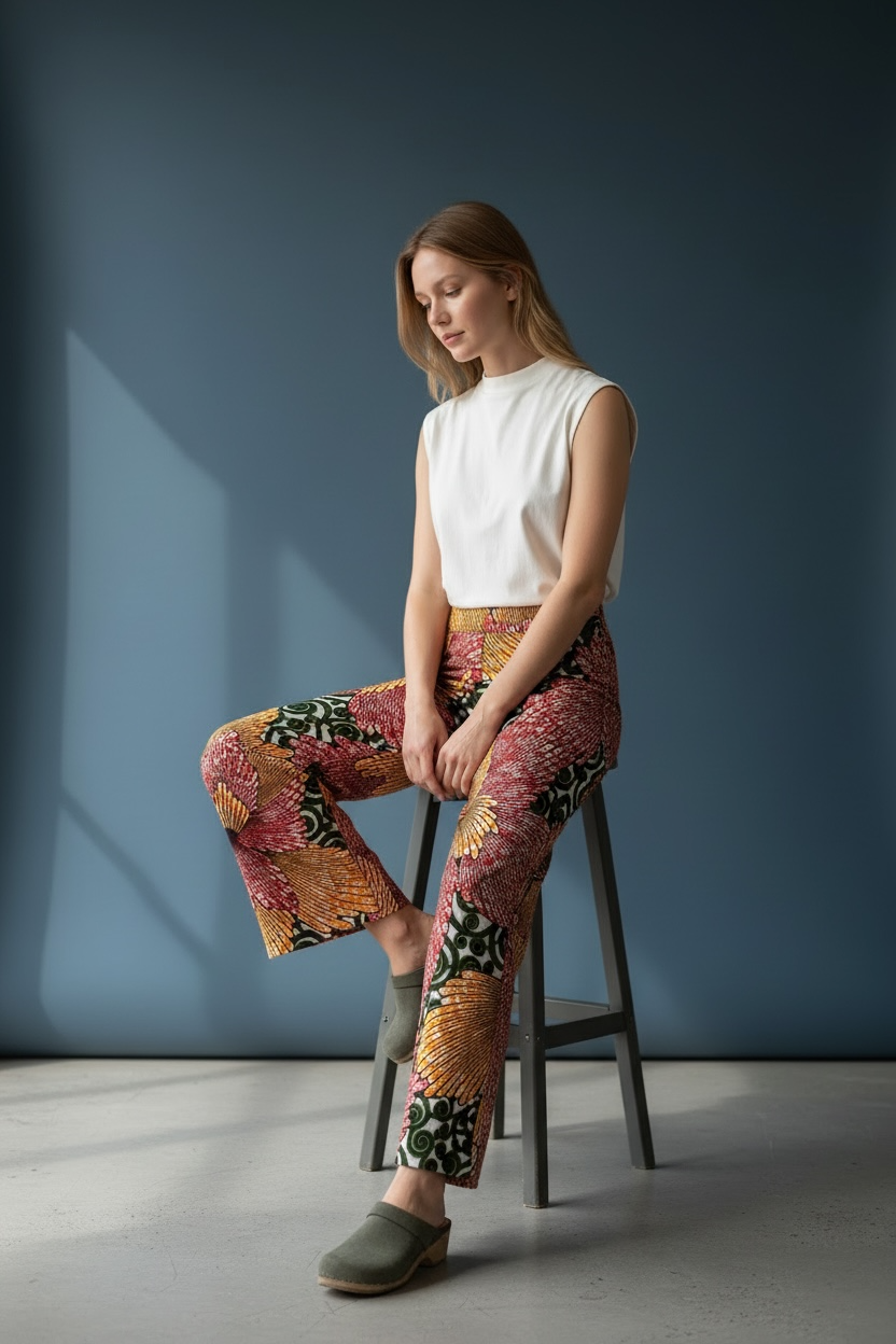 Sunburst Bloom High-Waisted Batik Wide-Leg Pants
