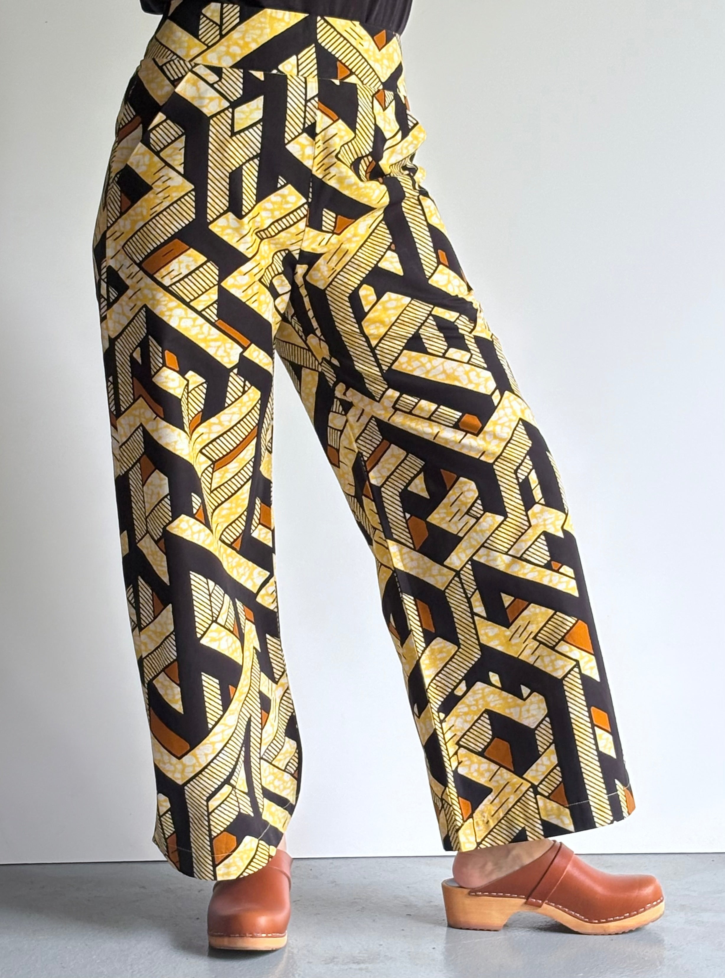Golden Maze High-Waisted Dutch Batik Wide-Leg Pants