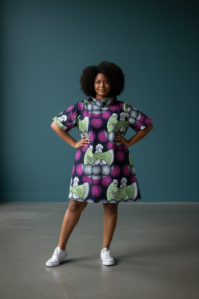 Woman wearing a patterned dress standing against a plain background